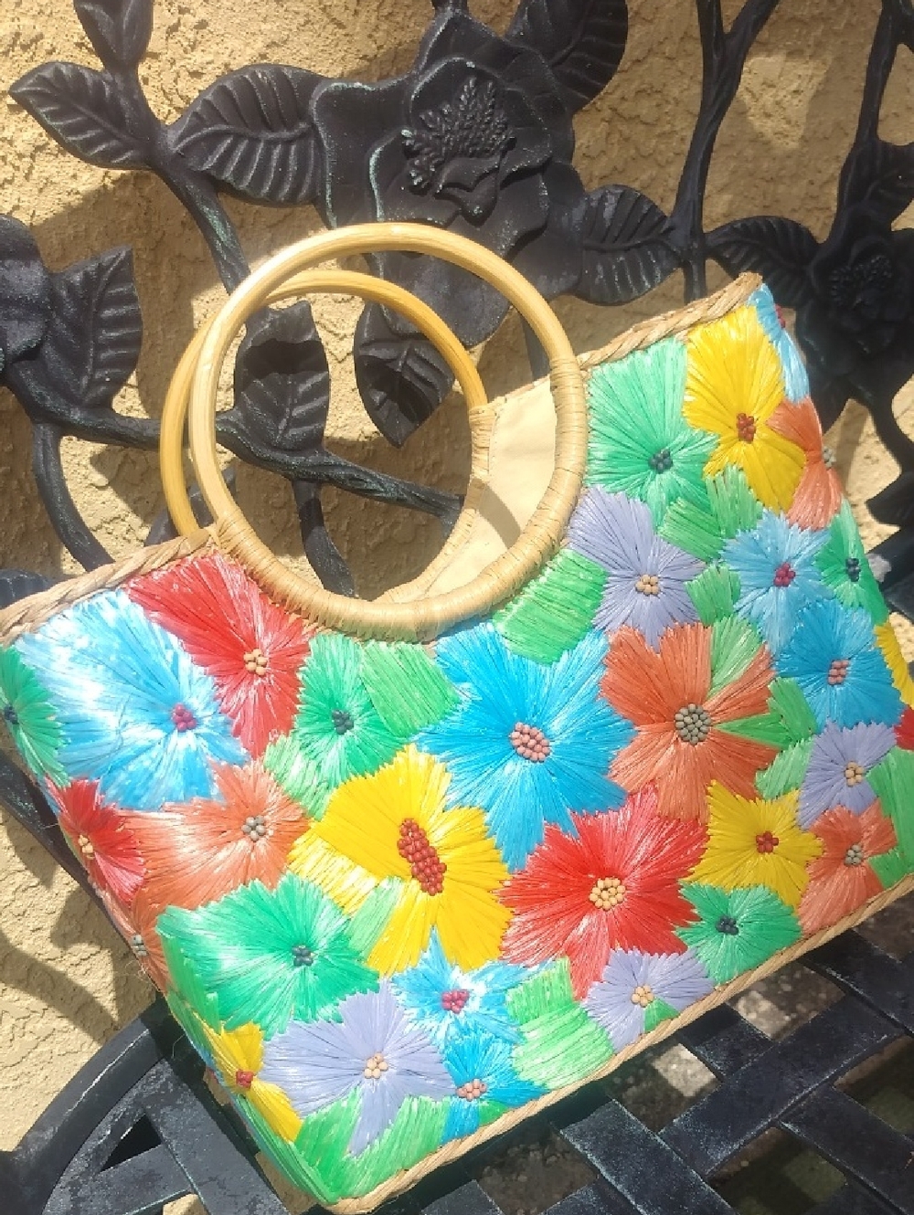 Colorful Large Floral Straw Tote Bag with Bamboo Handles